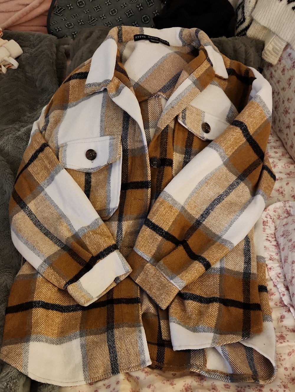 HYFVE Brown Plaid Shacket with White and Black Accents